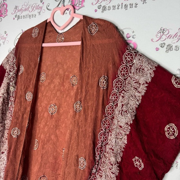 Bohemian Burgundy Lace Kimono robe cardigan one size fits all embroidered - Picture 2 of 15